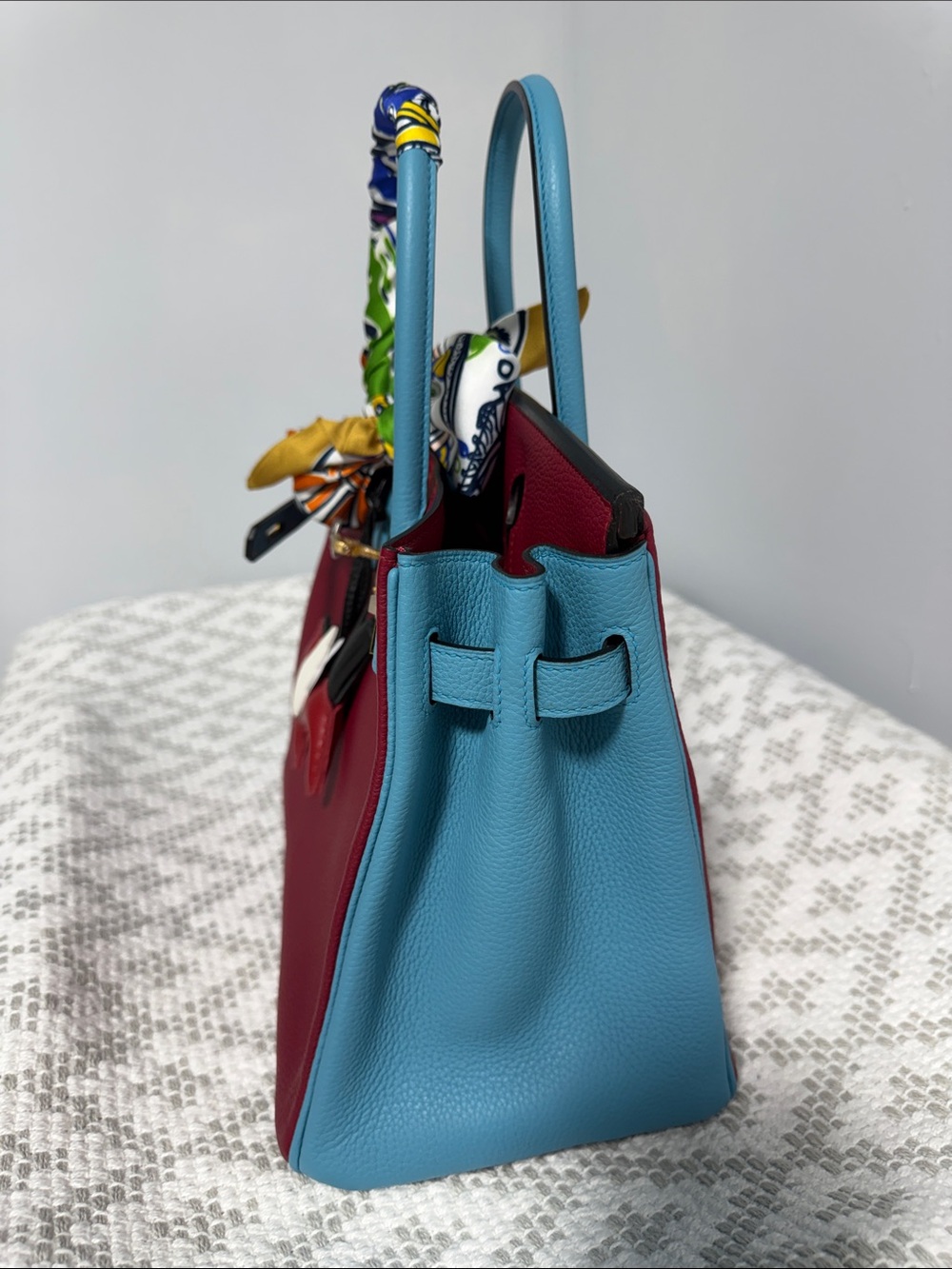 Hand Sewn Magenta Leather Tote with Turquoise Trim - Picture 2 of 5
